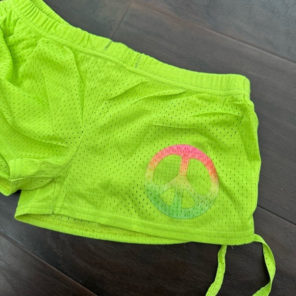 Y2K Malibu Beach Neon Green Mesh Micro Booty Shorts with Peace Sign M - Picture 3 of 6